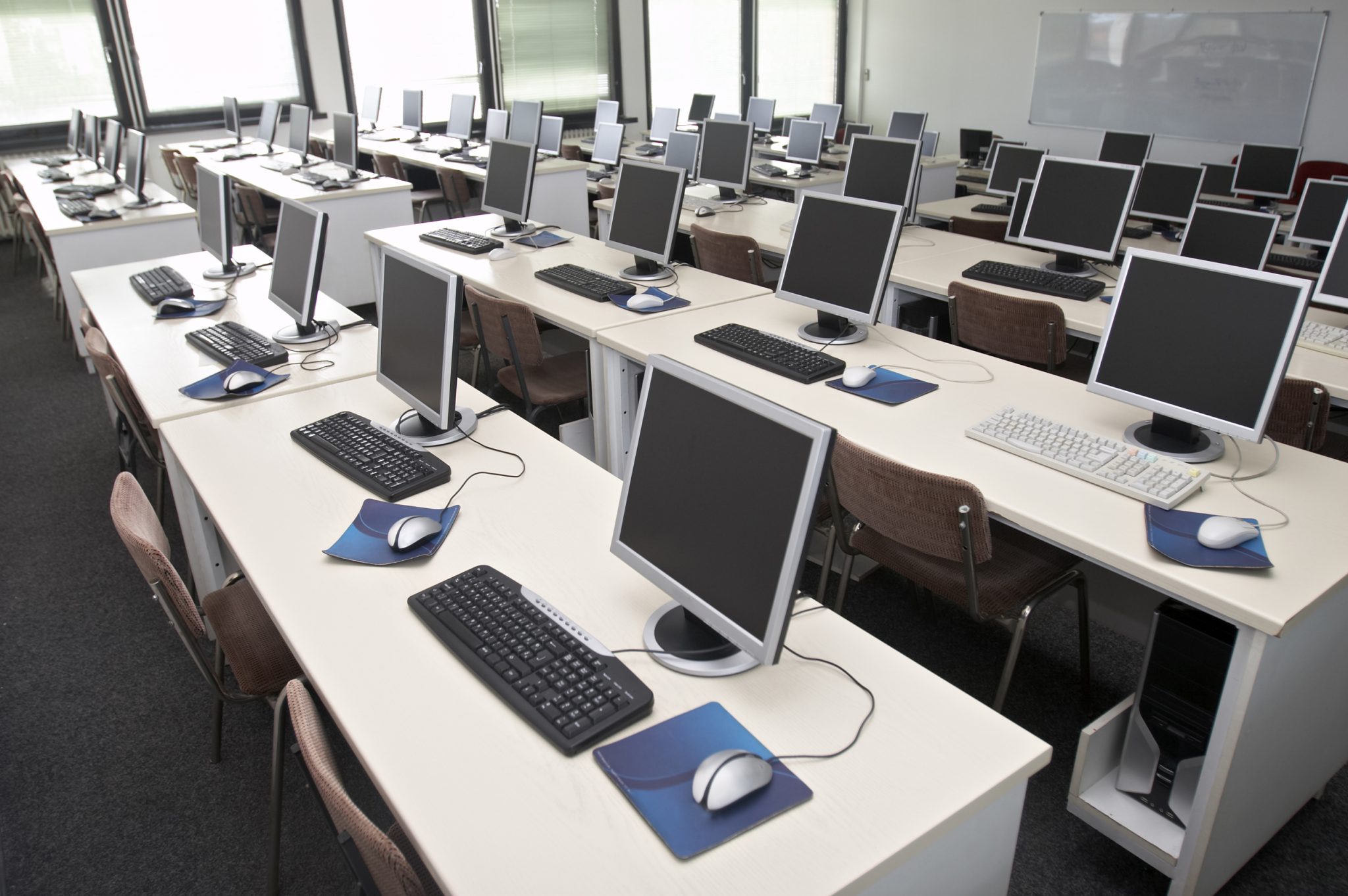 School computer lab with desktop computers